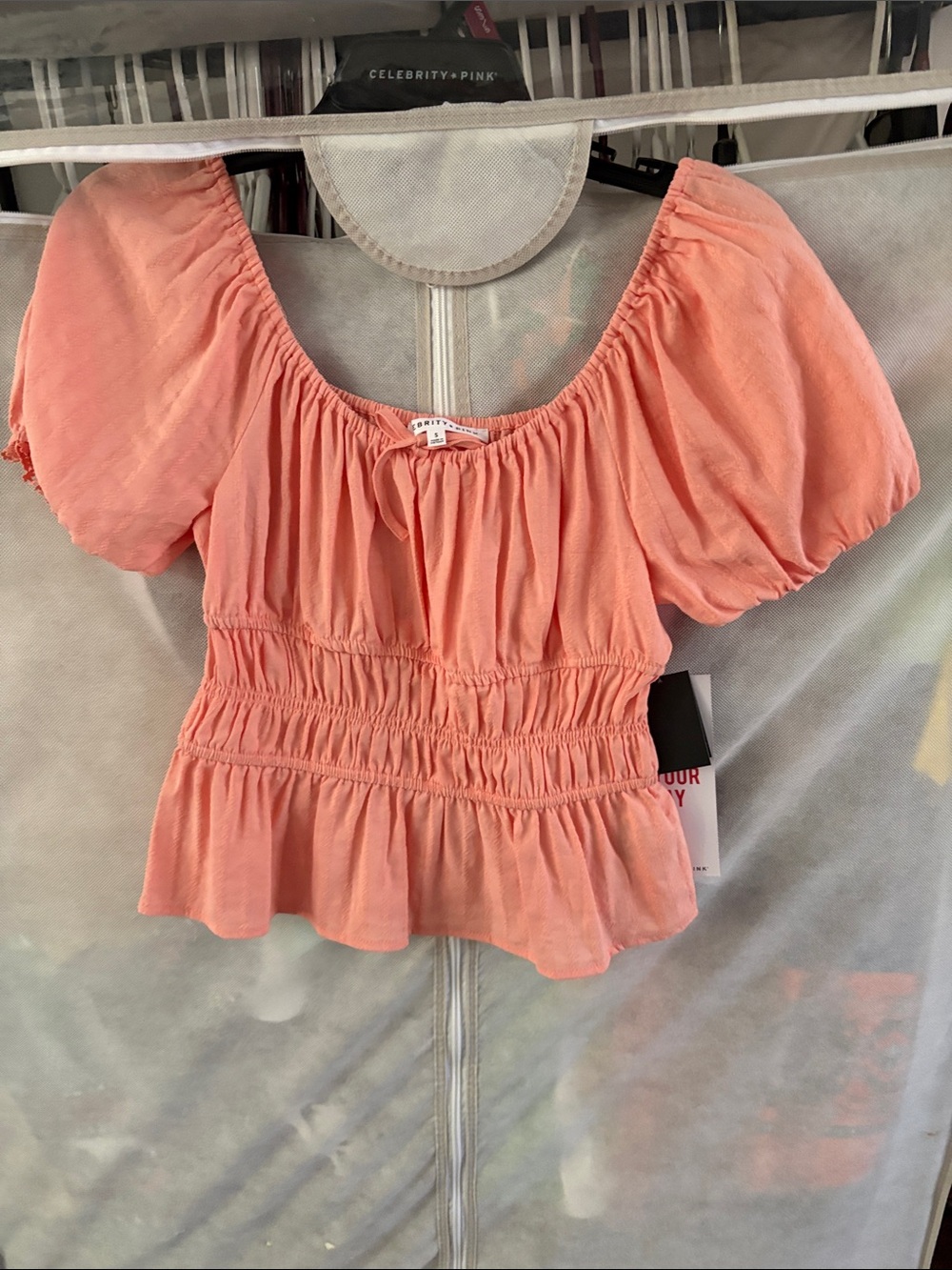 Celebrity Pink Coral Puff-Sleeve Smocked Peplum Crop Top